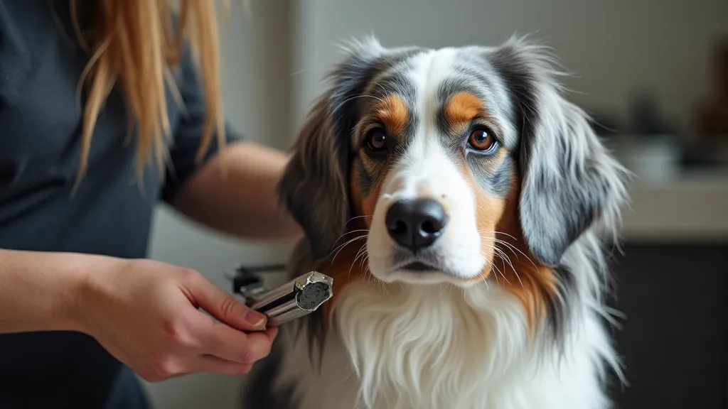 Australian Shepherd being groomed by a professional groomer