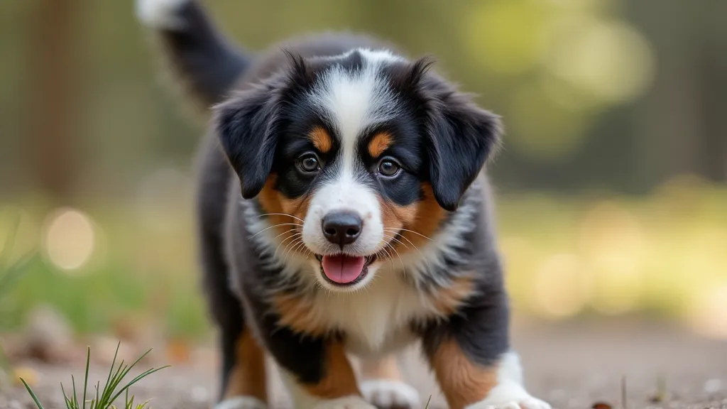 Australian Shepherd puppy with a fluffy, dark double coat