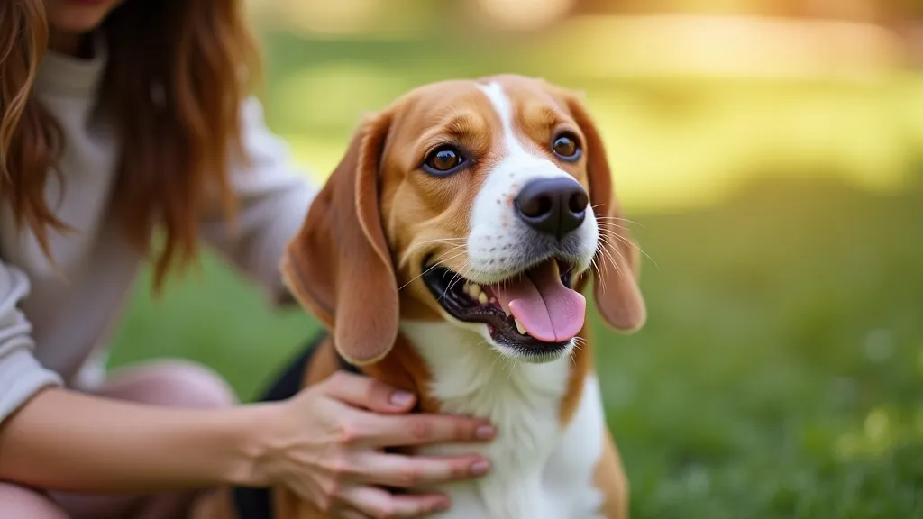 Beagle being brushed outdoors