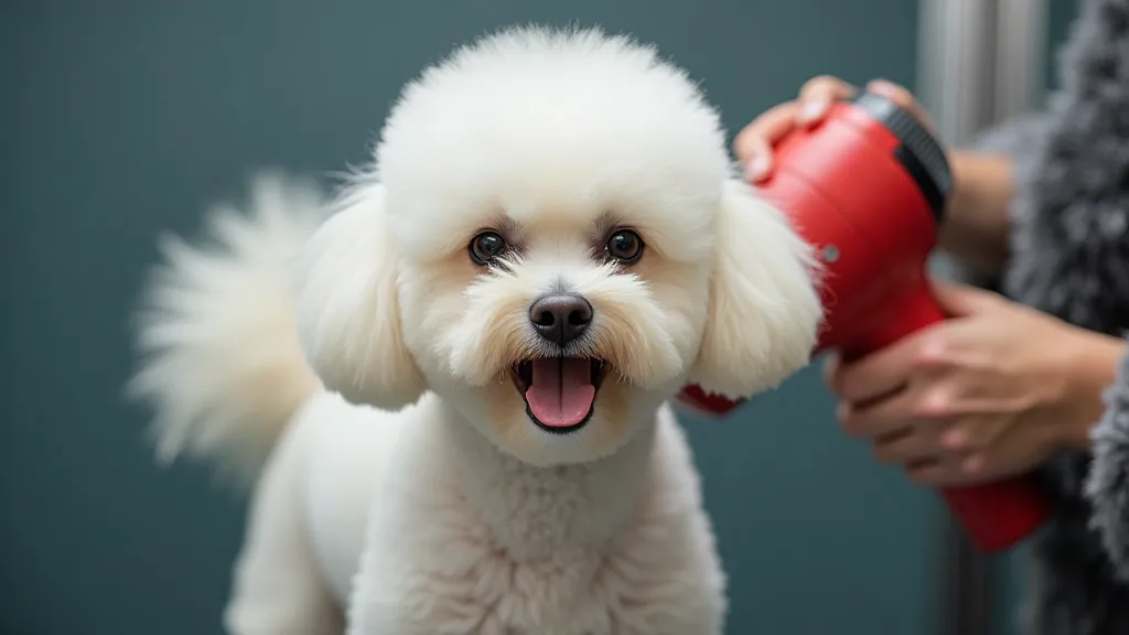 Groomer using a dryer on a Bichon Frise