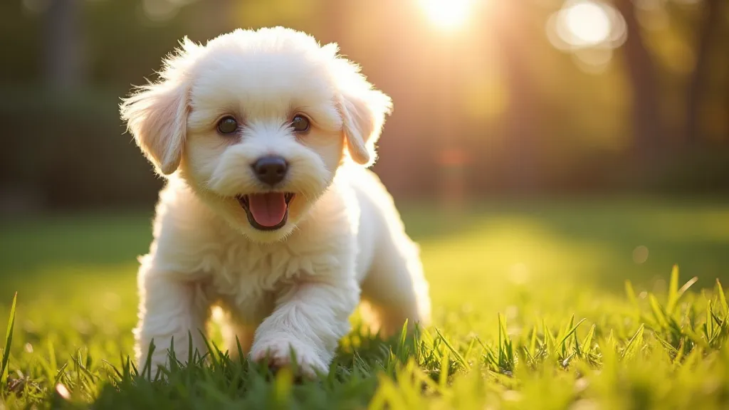 Fluffy Bichon Frise puppy playing