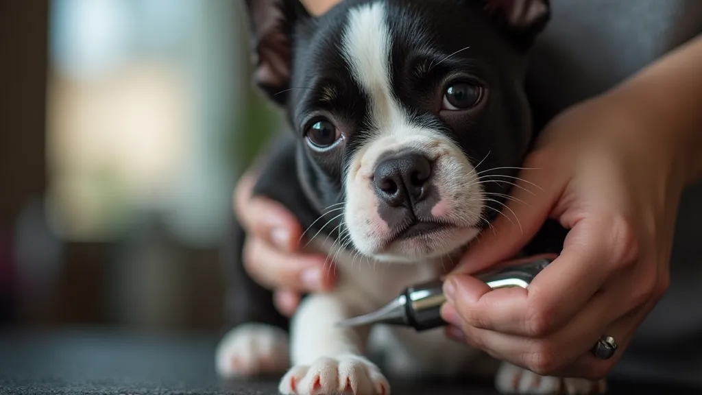 Groomer trimming Boston Terrier nails