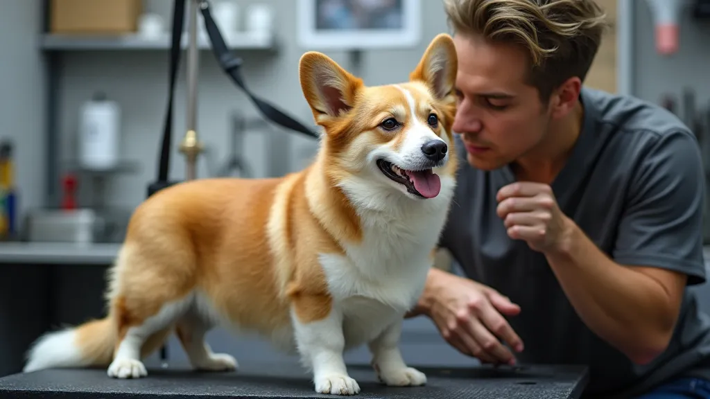 Groomer working with a Corgi on a grooming table