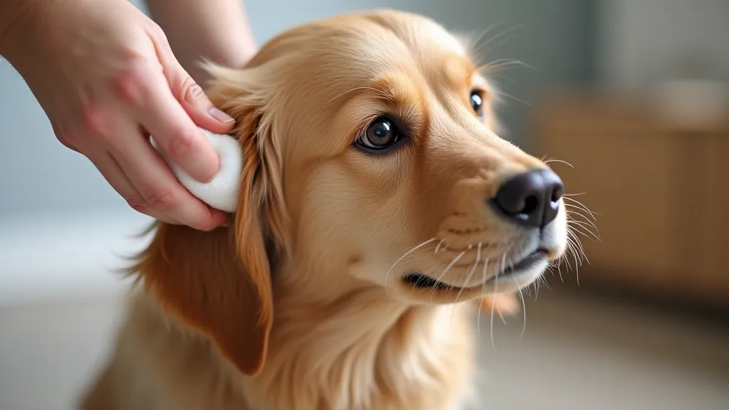 Golden Retriever having ear cleaned