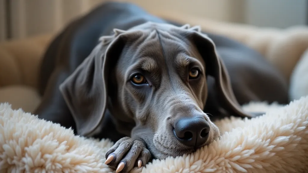 Great Dane shedding fur on a bed