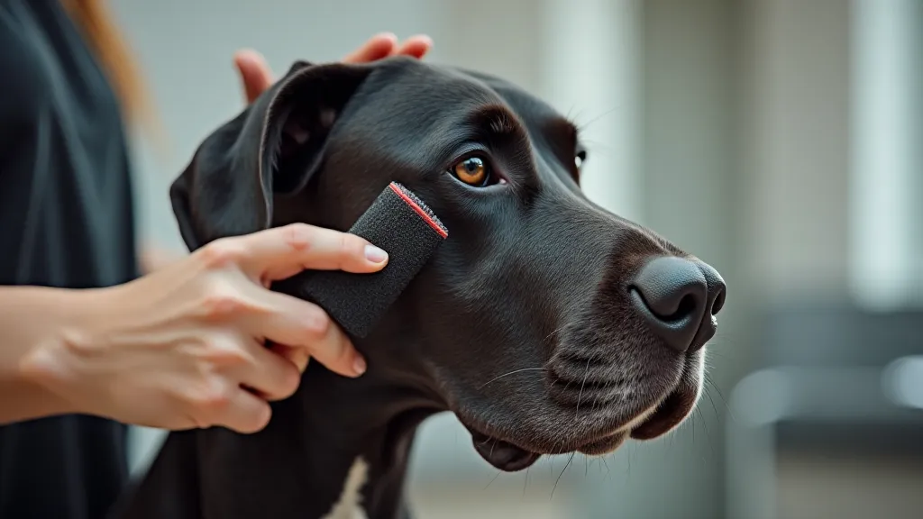 Groomer brushing a Great Dane's coat