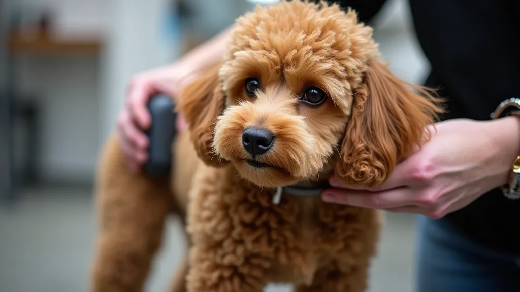 Groomer brushing a Miniature Poodle's coat