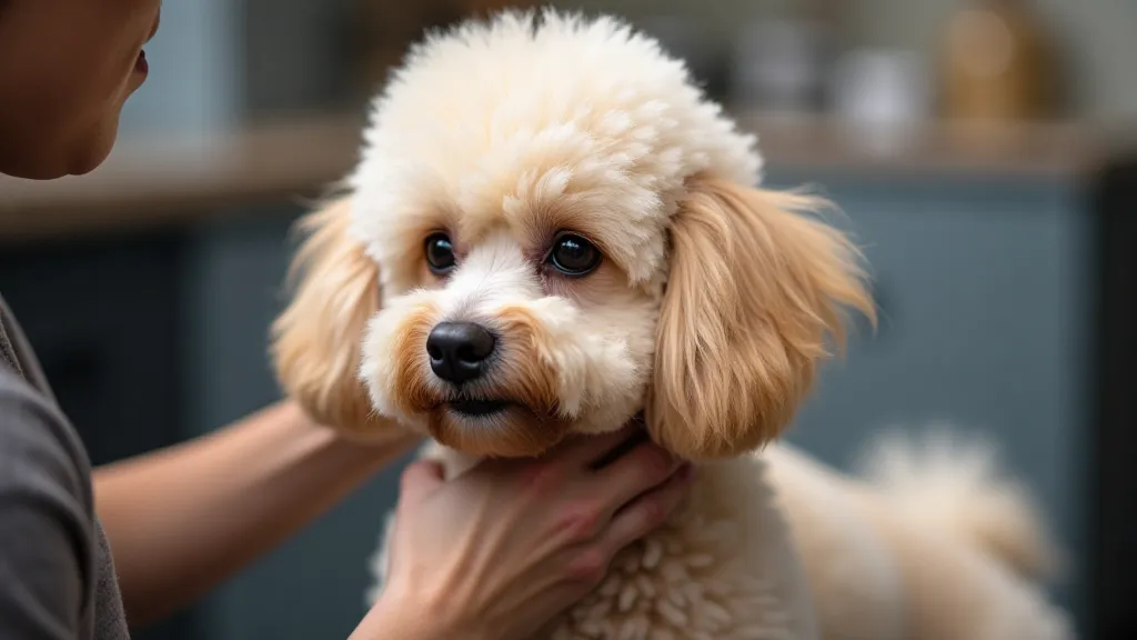 Groomer cleaning a Miniature Poodle's ears