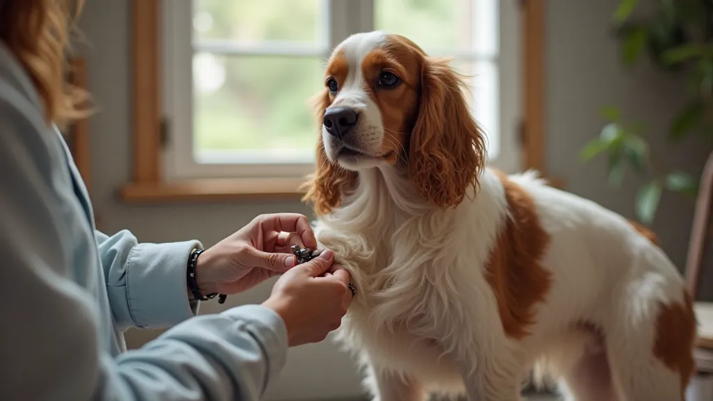 Person trimming Cocker Spaniel's nails