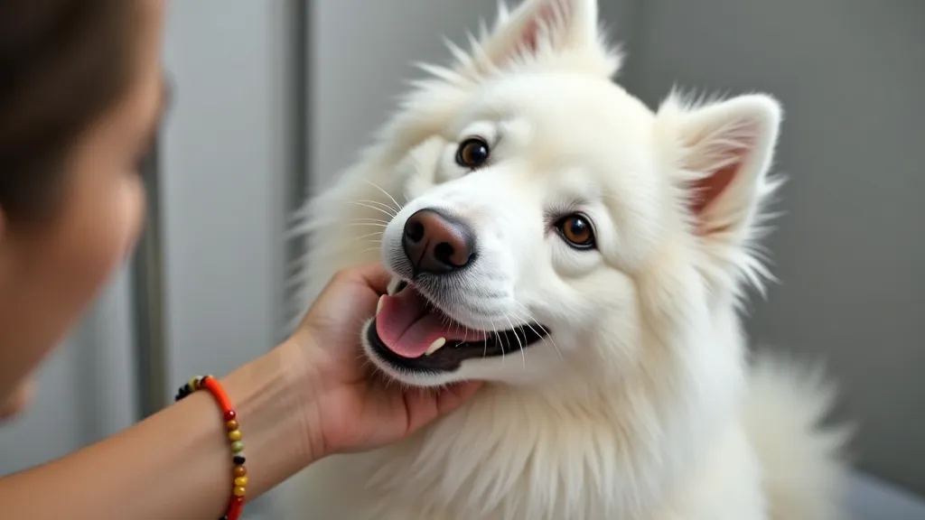 Groomer brushing Samoyed's face