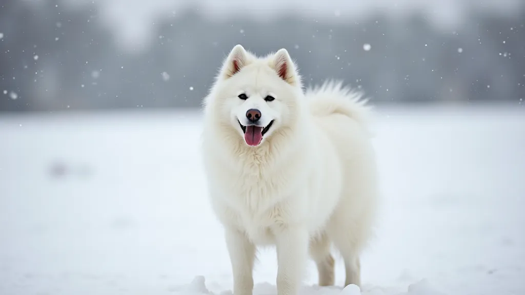Fluffy white Samoyed in snow