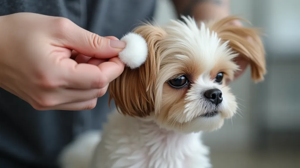 Groomer cleaning Shih Tzu ears